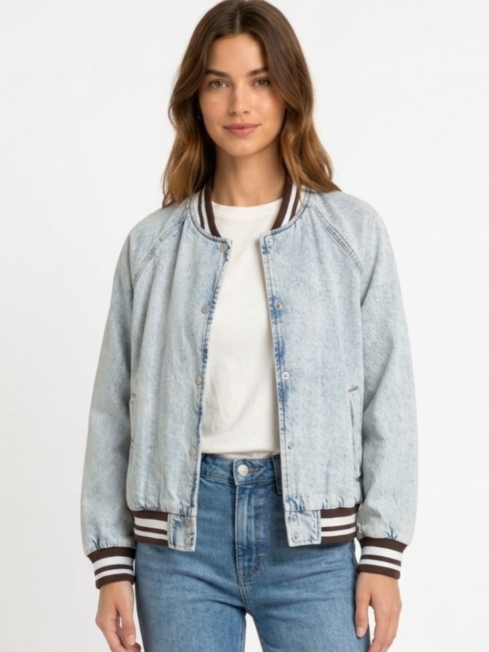 Wild Fable Denim Varsity Striped Trim Button-Front Bomber Jacket In Light Wash
